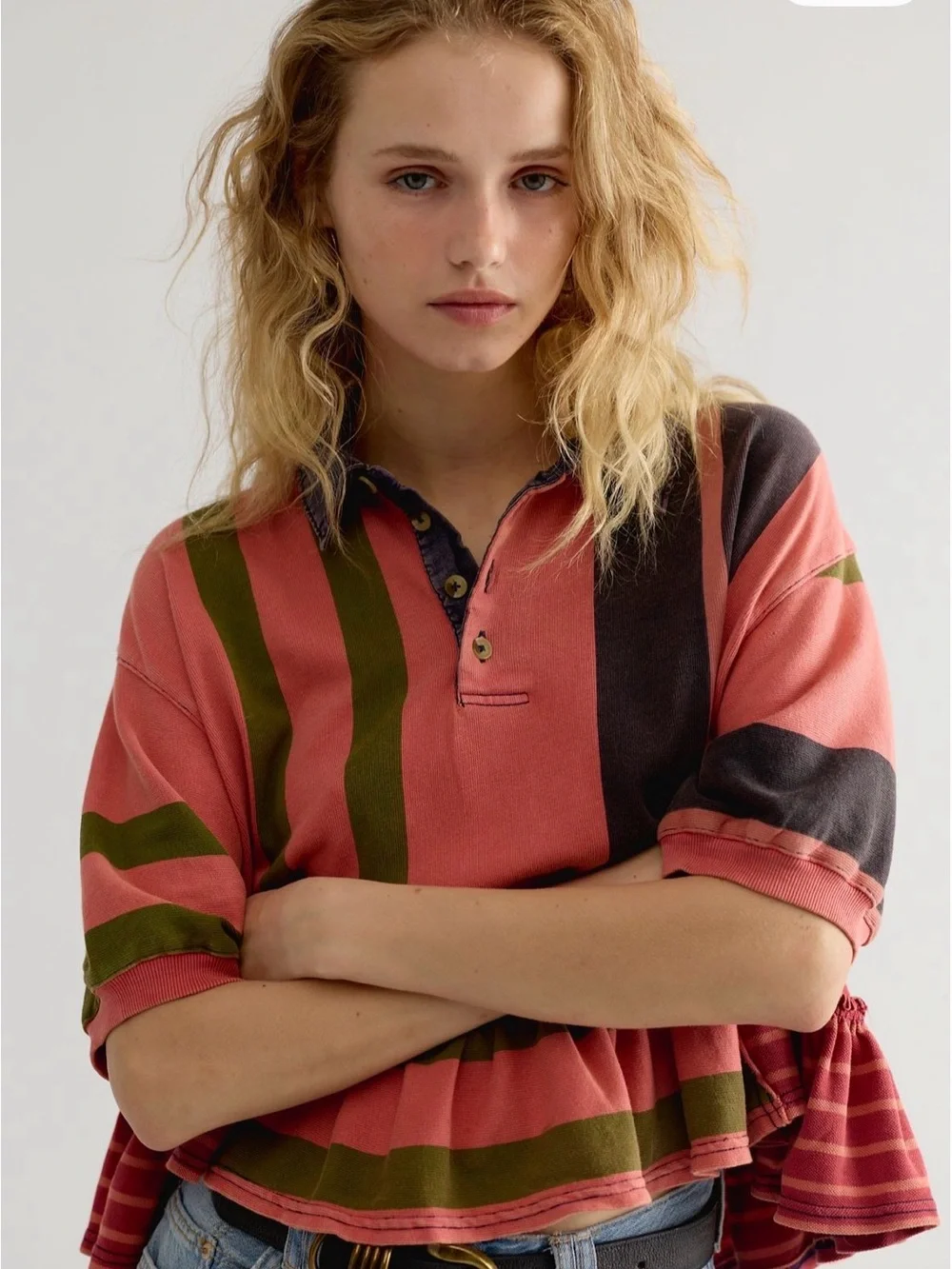 Free People Coral Rugby Polo with Olive and Charcoal Stripes